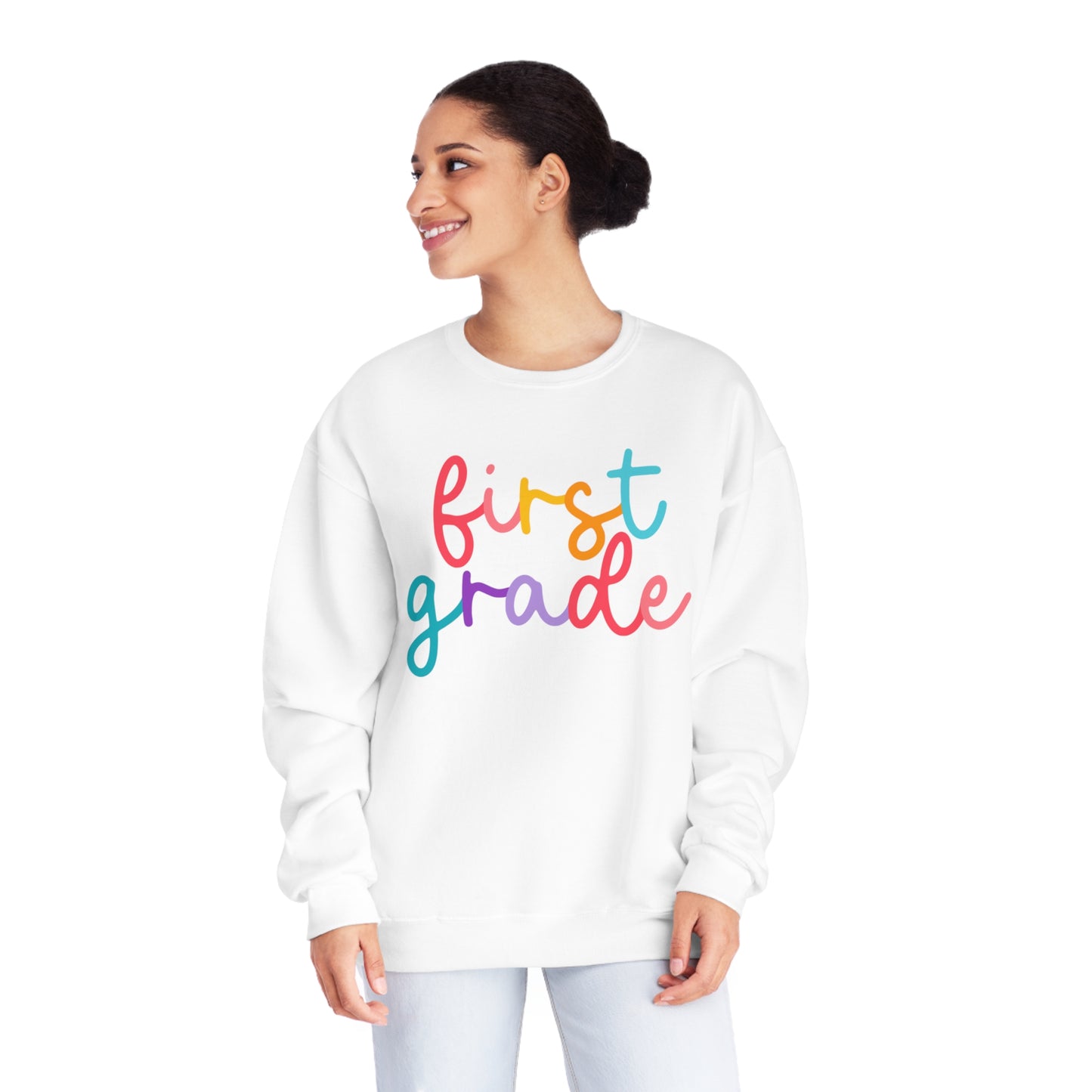 1st Grade Colorful Cursive Teacher Crewneck Sweatshirt