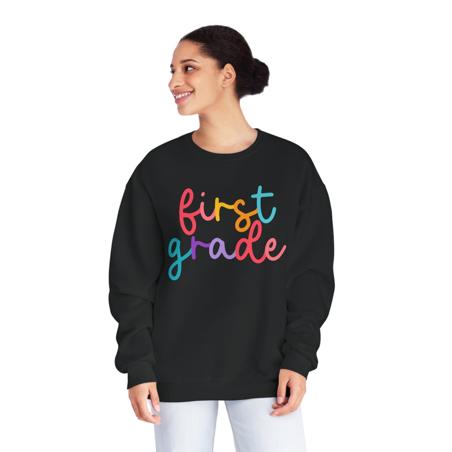 1st Grade Colorful Cursive Teacher Crewneck Sweatshirt